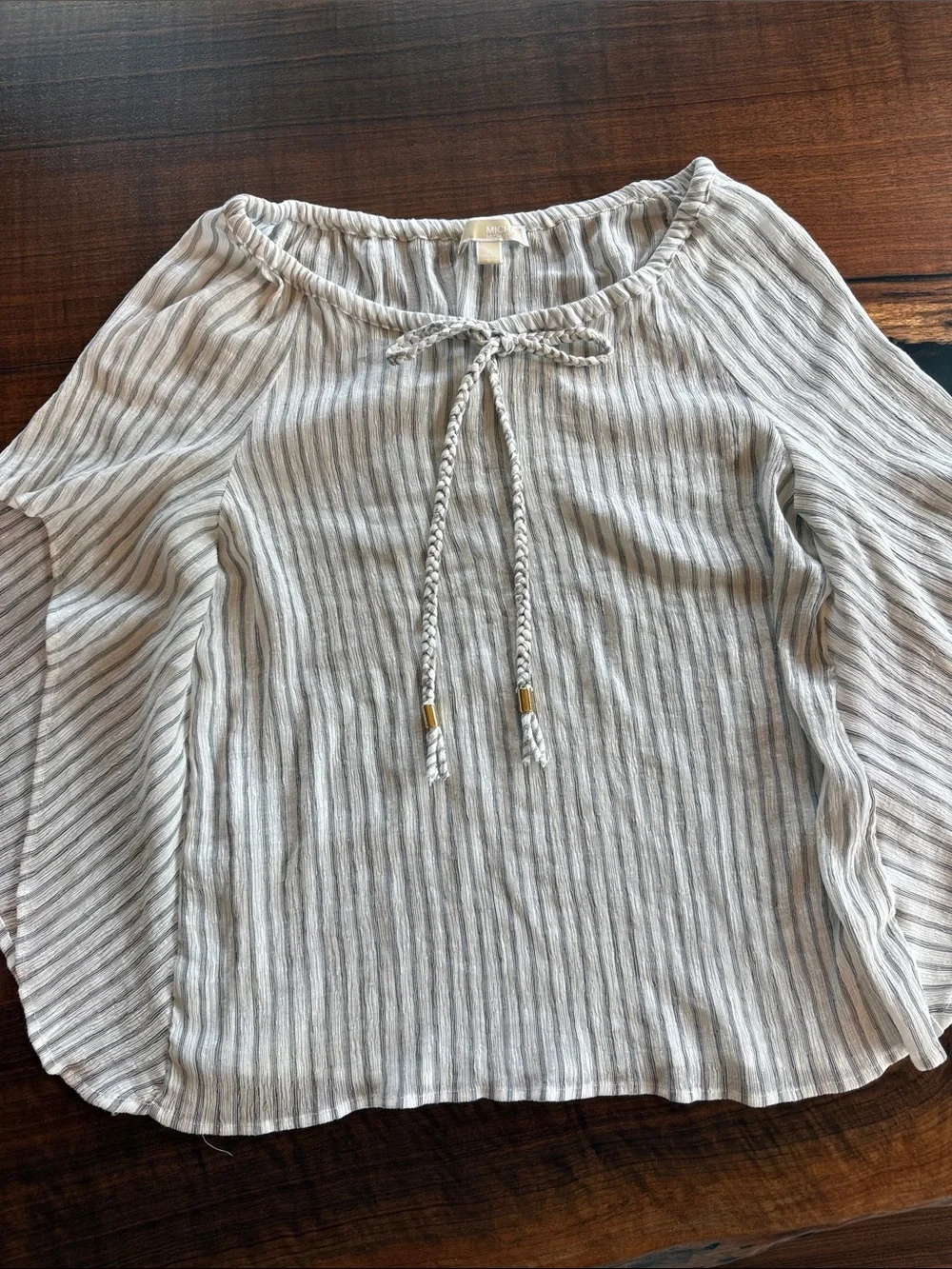 Michael Kors Light Gray Striped Peasant Blouse with Braided Tie Neck Detail